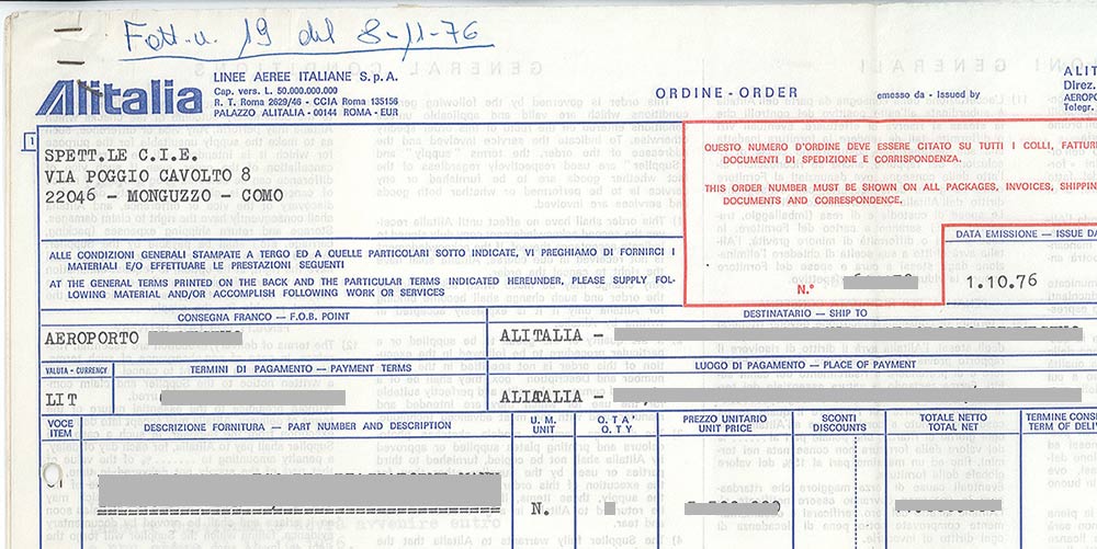 An Alitalia order of an explosion-proof system for the maintenance of aicrafts.