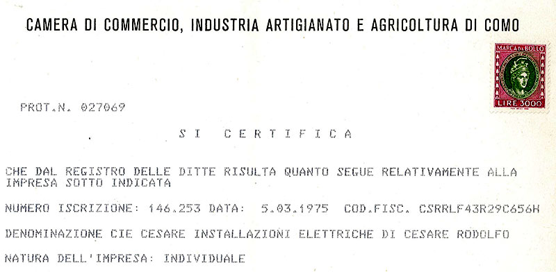 Il documento di iscrizione alla camera di commercio