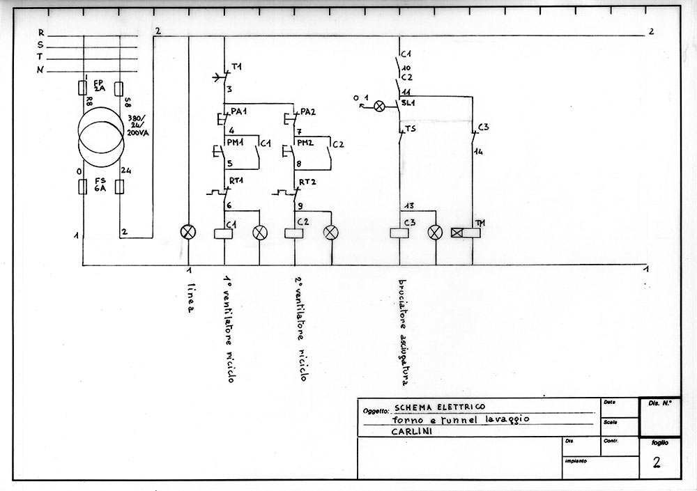 The first pages of a wiring diagram for a washing tunnel. 